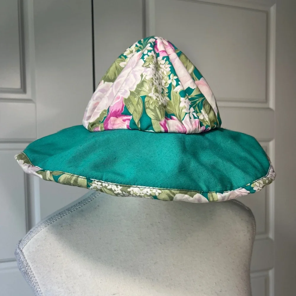 Handmade Toddler‎ Floral Bucket Hat Turquoise Green Pink Summer Sun Hat